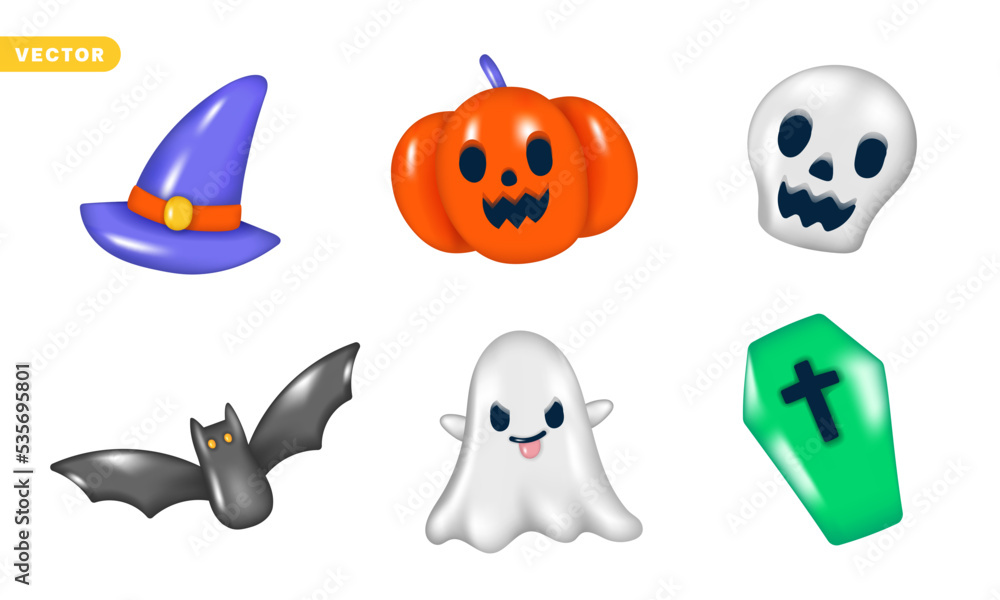 Set of 3D Happy Halloween Decorative Elements Objects Holiday Cartoon Icon Trick or Treat Spooky Boo, Bat, Coffin, Skull, Ghost, Witch Hat, Pumpkin, Jack O Lantern Vector Illustration Pack Bundle Set of 3D Happy Halloween Decorative Elements Objects Holiday Cartoon Icon Trick or Treat Spooky Boo, Bat, Coffin, Skull, Ghost, Witch Hat, Pumpkin, Jack O Lantern Vector Illustration Pack Bundle