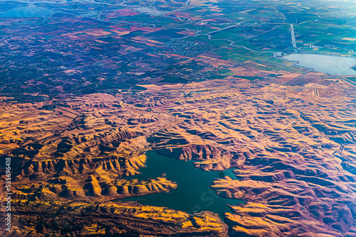 Aerial view of Los Vaqueros Reservoir with Sacramento Delta