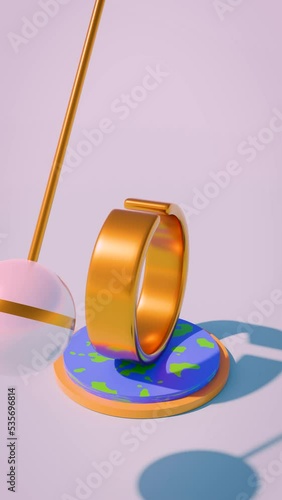 A loopable 3d render animation of pearl sphere spinning on a golden ring, relaxing video,