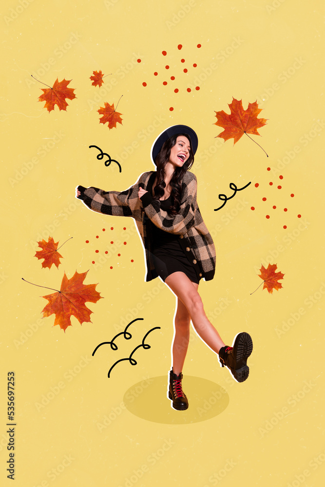 Creative photo 3d collage poster postcard artwork of beautiful pretty lady promenade dry leaves falling down isolated on drawing background Creative photo 3d collage poster postcard artwork of beautiful pretty lady promenade dry leaves falling down isolated on drawing background