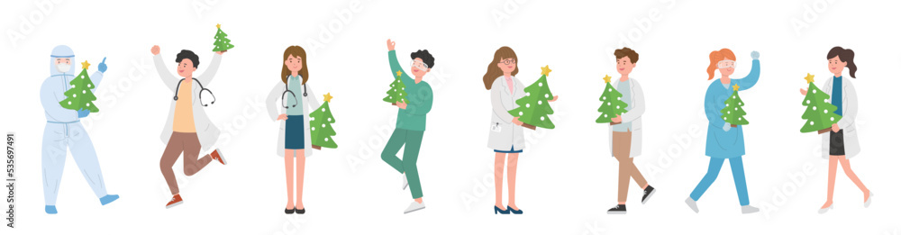 Male and female team of paramedics or doctors or scientists or medical specialists with christmas tree, celebrating christmas, vector cartoon style Male and female team of paramedics or doctors or scientists or medical specialists with christmas tree, celebrating christmas, vector cartoon style