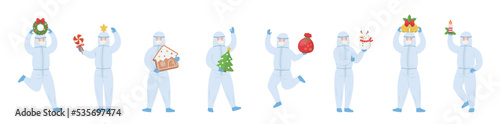 Paramedic or doctor or scientist or medical specialist team with protective clothing with christmas elements, celebrating christmas or new year, vector cartoon style