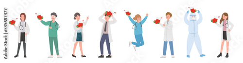 Male and female team of paramedics or doctors or scientists or medical specialists with christmas stockings, celebrating christmas, vector cartoon style