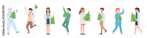 Male and female team of paramedics or doctors or scientists or medical specialists with christmas tree, celebrating christmas, vector cartoon style