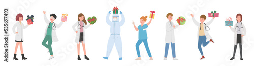 Male and female team of paramedic or doctor or scientist or medical specialist with gift box, surprise for christmas or new year or wedding or birthday, vector cartoon style
