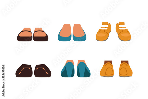 Footwear set. Front view of male and female shoes, boots, sneakers cartoon vector illustration