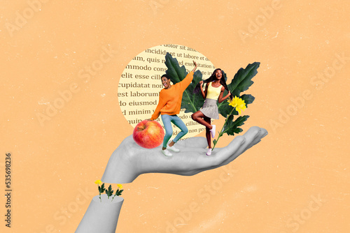 Creative banner collage of human hand holding two little ladies dancing around fruit apple leaves