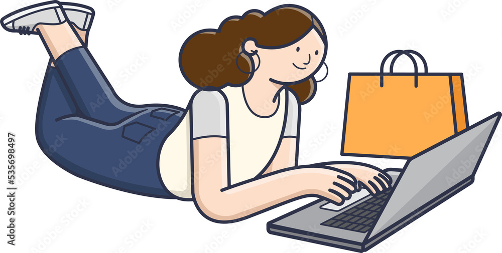 Woman shopping online with computer laptop 2D character activity, vector design and isolated background.