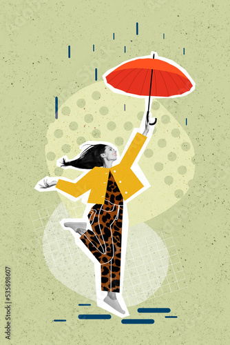 Exclusive magazine sketch image of funny funky happy lady enjoying walking rainy weather isolated painting background photo