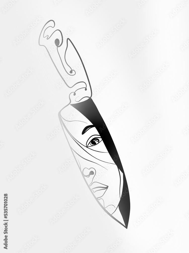 A woman's face is carved on a knife is drawn in one line art style. Printable art. A woman's face is carved on a knife is drawn in one line art style. Printable art.