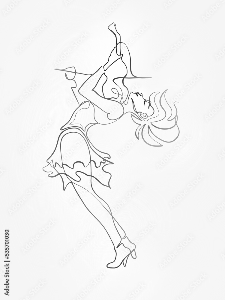 A girl playing violin and dancing at the same time is drawn in one line art style. Printable art. A girl playing violin and dancing at the same time is drawn in one line art style. Printable art.
