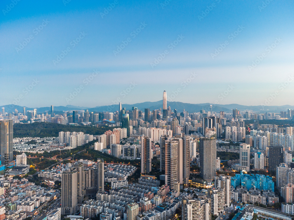 Meilin Reservoir and Futian City Skyline in Shenzhen, Guangdong, China