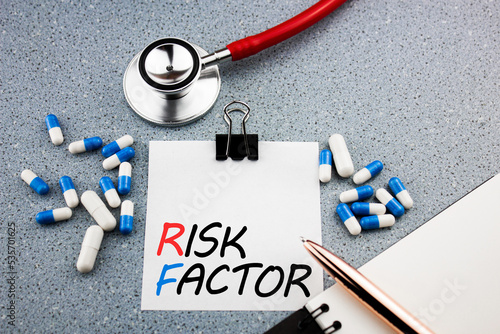 Disease risk factor concept. The inscription RISK FACTOR next to drugs and a stethoscope. Medical concept. photo