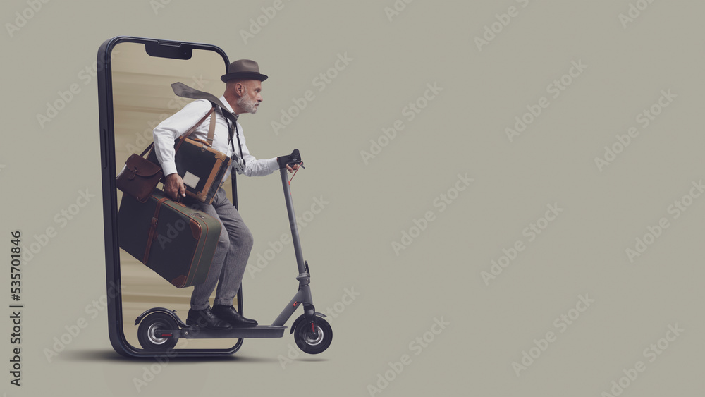 Retro style traveler on scooter coming out from a smartphone screen Retro style traveler on scooter coming out from a smartphone screen