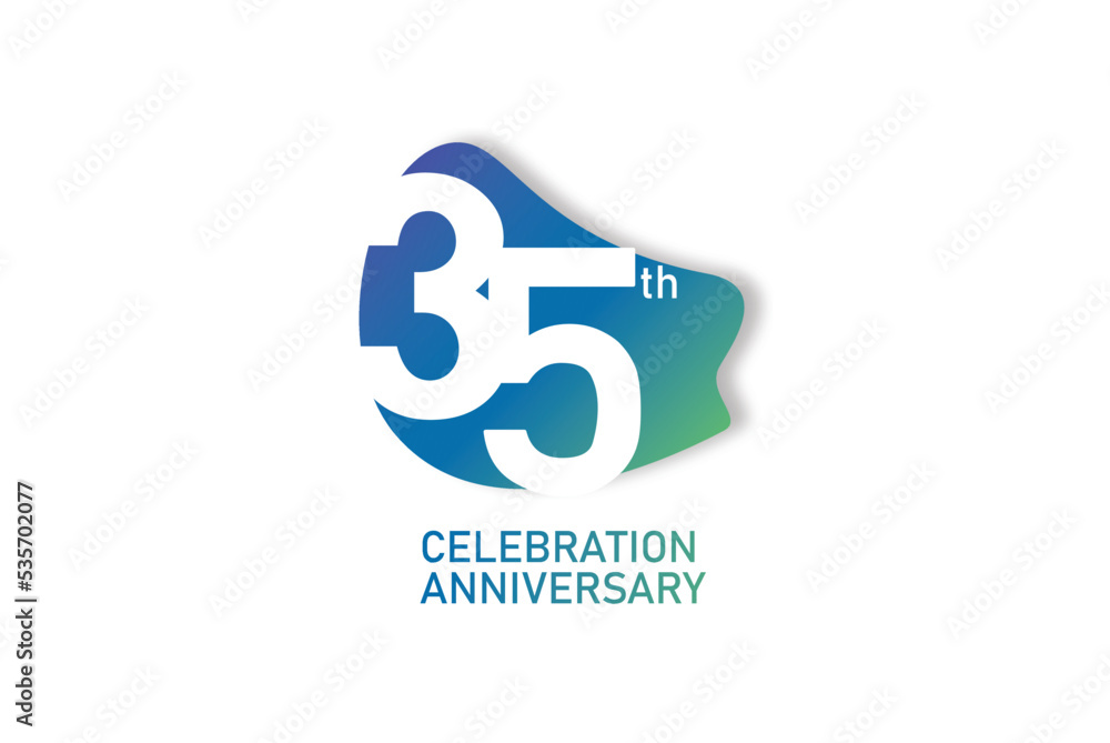 35 year anniversary celebration fun style logotype. anniversary white logo with green blue color isolated on red background, vector design for celebration, invitation and greeting card - Vector