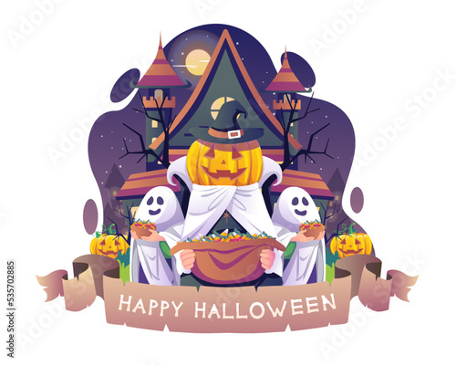 People in ghost costumes and pumpkin heads with buckets full of candy are celebrating Halloween night in a front old castle. Vector illustration in flat style