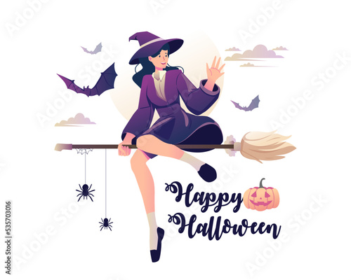 Witch flying on a broomstick. Happy young woman in a witch costume flying with a magic wand. Vector illustration in flat style