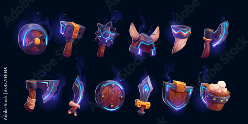 Viking game props icons, neon glowing medieval battle axe, mace, wine horn, helmet, sword and shields. Scandinavian nordic warrior weapon and armor, isolated ui rpg game assets, Cartoon vector set
