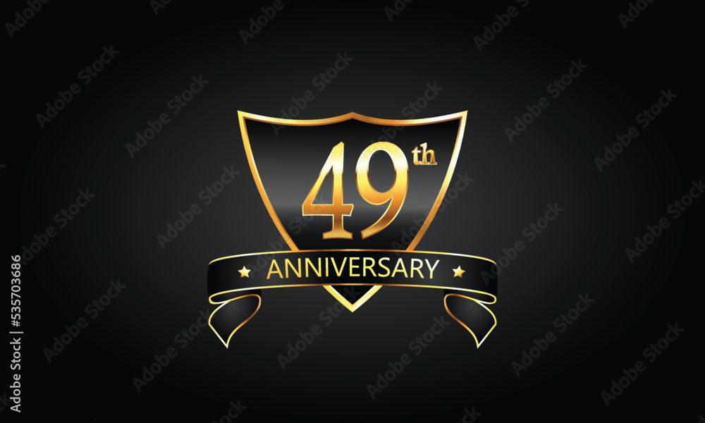 49 year anniversary logo with golden shield and ribbon. Dark concept anniversary. 49th Anniversary celebration background. forty-nine anniversary banner vector 49 year anniversary logo with golden shield and ribbon. Dark concept anniversary. 49th Anniversary celebration background. forty-nine anniversary banner vector