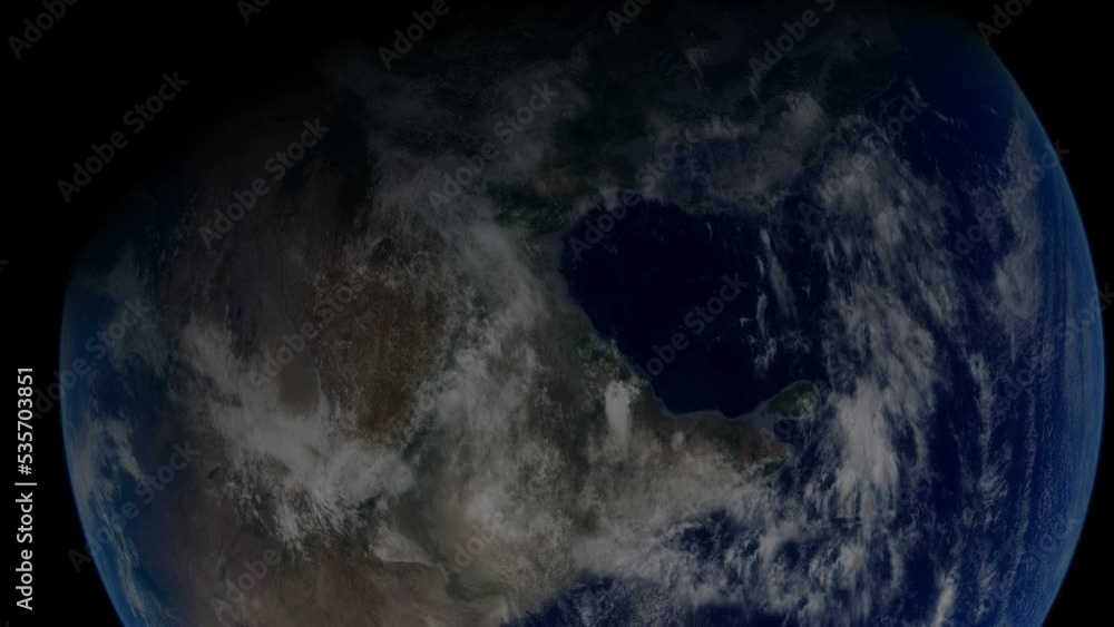 In orbit above planet Earth, looking down at the Middle East and Africa as it transitions from day to night. 4k simulation animation of outer space