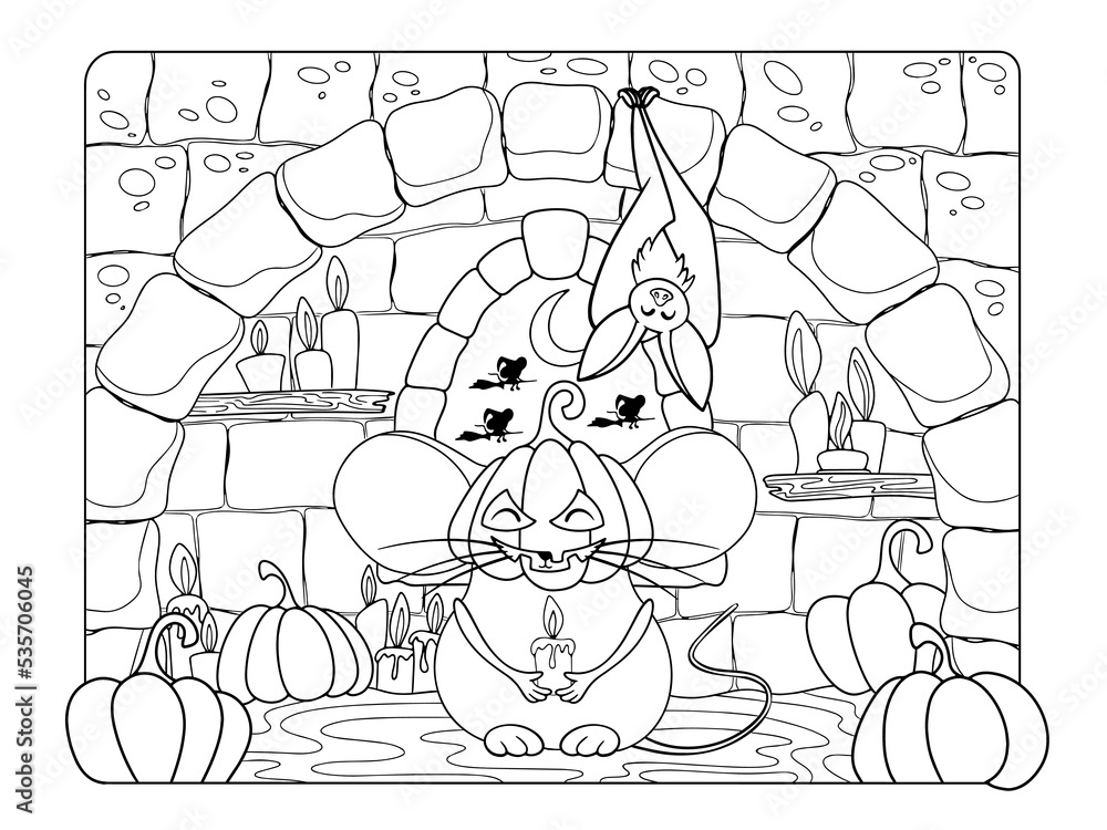 Halloween coloring page. Pumpkin mouse in the castle. Antistress for kids and adults.