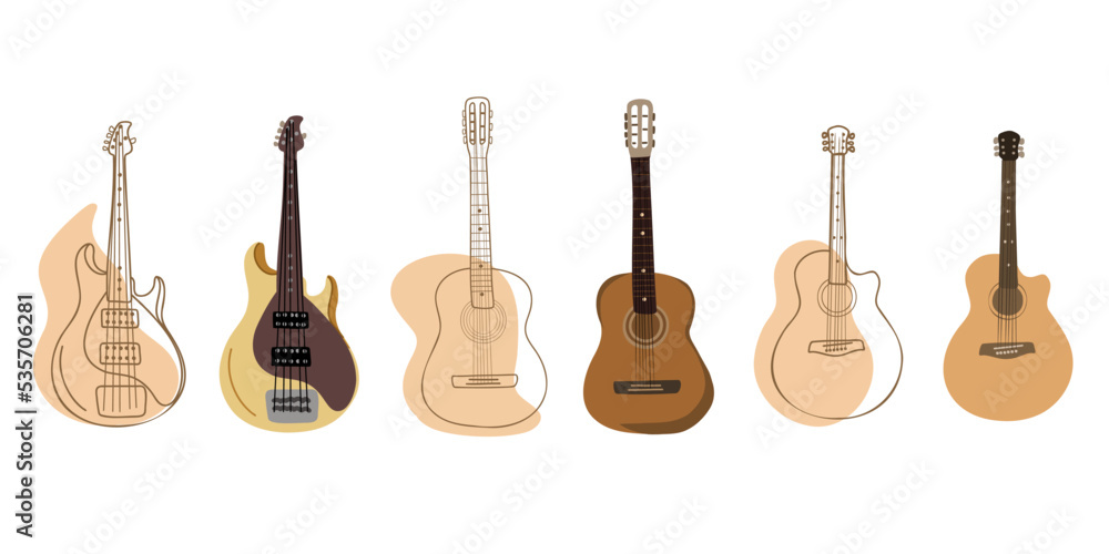 Naklejka premium Set guitars, classical, electro-acoustic and bass guitars. Doodle, hand drawn. Vector illustration. Musical background