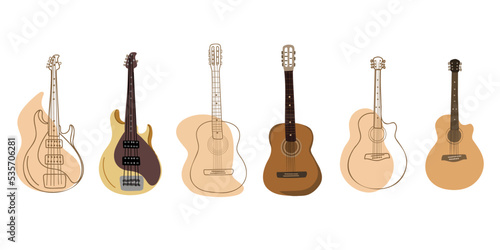  Set guitars  classical  electro-acoustic and bass guitars. Doodle  hand drawn. Vector illustration. Musical background