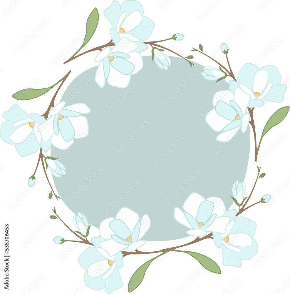 white blue magnolia or jasmine wreath frame flat style white blue magnolia or jasmine wreath frame flat style