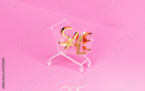 Gold letters sale in shopping cart. 3d render, 3d trendy illustration.