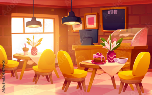 Bakery shop, cafe or coffee house with cake on showcase, counter, blackboard with menu, wooden tables and chairs. Empty bakery interior at morning, vector cartoon illustration