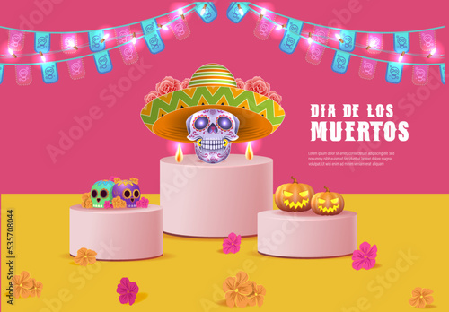 Dia de los muertos means Day of the dead. Mexican holiday festival Template Banner Vector Illustration. 