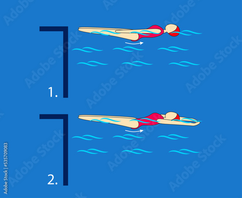 Swim like a dolphin with your legs on your back with your hands close to your sides, arms outstretched in an "arrow". Swimming pool instruction.