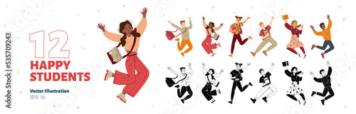 Happy jumping students with bags, backpacks and books. Diverse young people have fun together, joy and jump up isolated on white background, vector hand drawn illustration