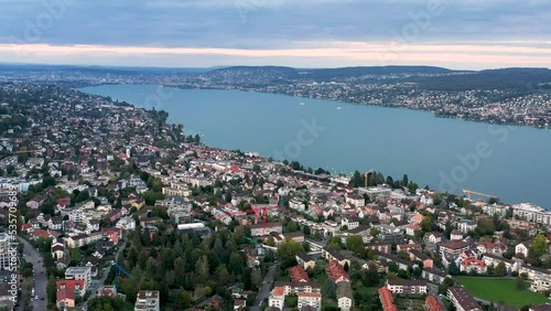 Aerial flyover Zurich looking out onto lake Zurich  photo