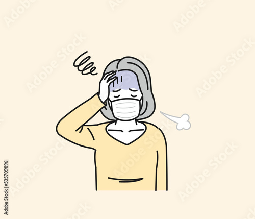 風邪をひく中年の女性　発熱　コロナ　症状　イラスト