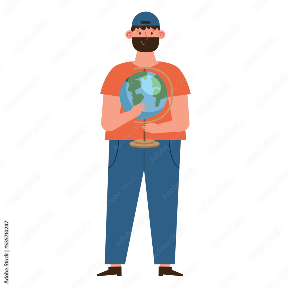 bearded man with world map