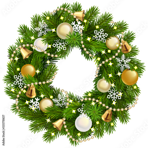 Vector Christmas Fluffy Fir Wreath with Golden Decorations