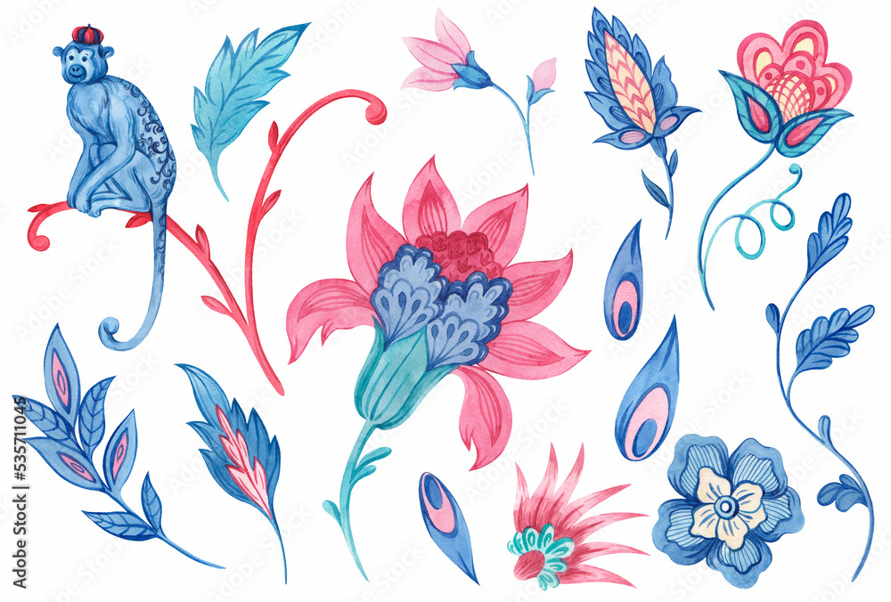 Fototapeta premium Beautiful set with watercolor hand drawn floral elements and monkey painted in old traditional turkish style. Stock clip art illustration.