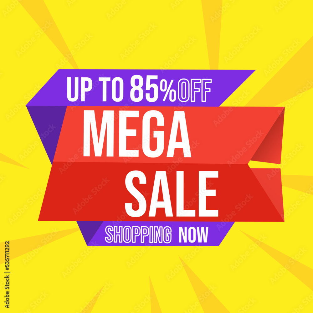 Obraz premium Discount mega sale up to 85 percent red banner with floating ribbon banner for promotions and offers.
