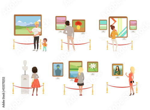 Visitors of classic art gallery or museum viewing paintings at exhibition set. Men and women enjoying artworks vector illustration