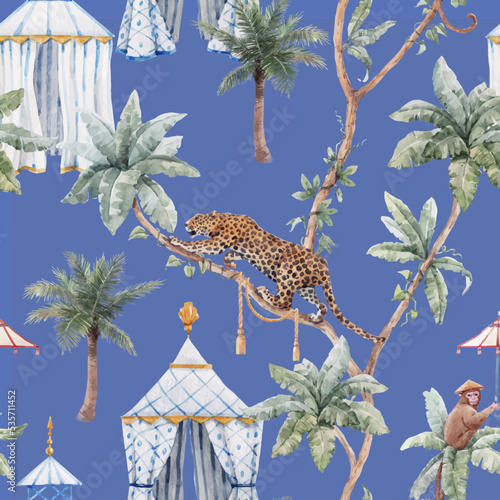 Beautiful vector tropical seamless pattern with watercolor hand drawn palm trees jaguar monkey with sun umbrella and old styled tent. Stock illustration.