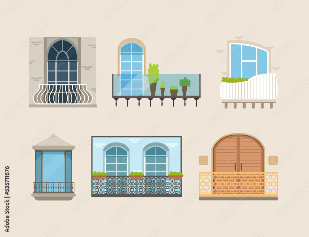 Balconies with doors and windows set. Classic, retro, modern house facade exterior elements flat vector