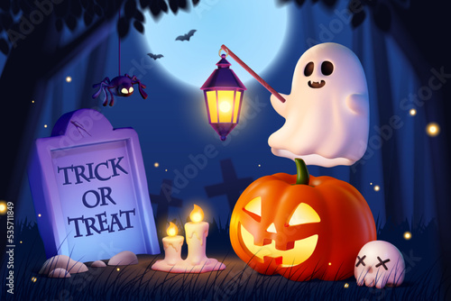 3D Spooky Halloween at graveyard