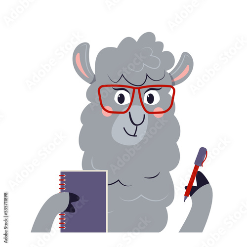 Funny cartoon alpaca has idea and writes in a notebook. Nice lama plans. Vector flat illustration.