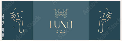Set of logo design templates in trendy linear style in gold tones. Dawn with flowers - luxury and jewelry concepts for exclusive services and products, beauty and spa industry
