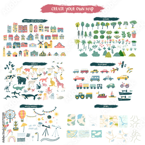 Map creation toolkit with houses, transport and vehicles, nature, trees, flowers, animals, clouds, sun, amusement park, roads, air balloon,  for kids designs and city and town creation.