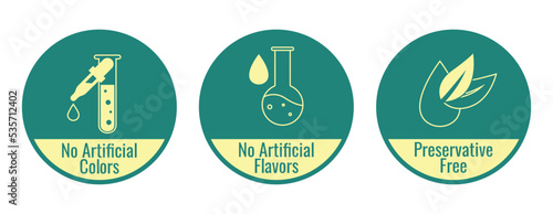 vector icon set no artificial colors, no artificial flavours, preservative free icon set