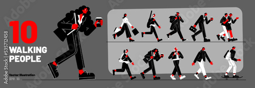Set of walking people, diverse passerby characters walk. Tourist with camera, courier, businessperson with coffee cup, teenager with guitar, student on skateboard, Line art flat vector illustration