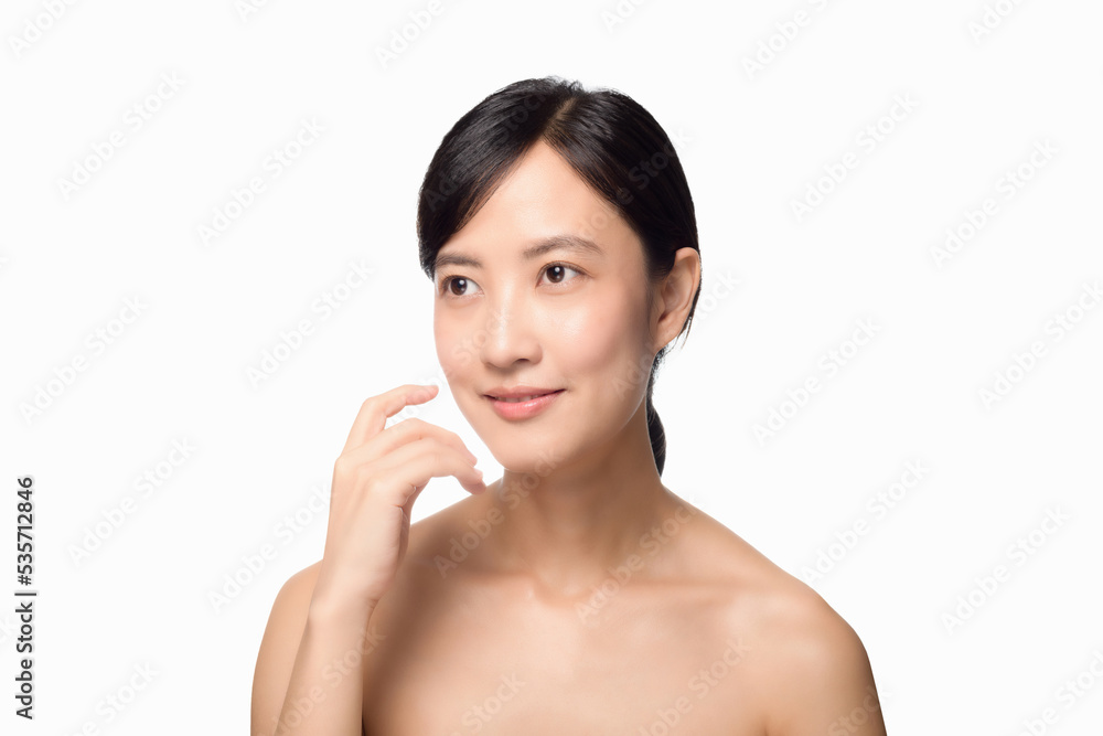 Portrait healthy pretty young woman isolated on white background. beautiful female model person applying cosmetic cream for skincare on fresh makeup clean face. spa, treatment, wellness concept. Portrait healthy pretty young woman isolated on white background. beautiful female model person applying cosmetic cream for skincare on fresh makeup clean face. spa, treatment, wellness concept.