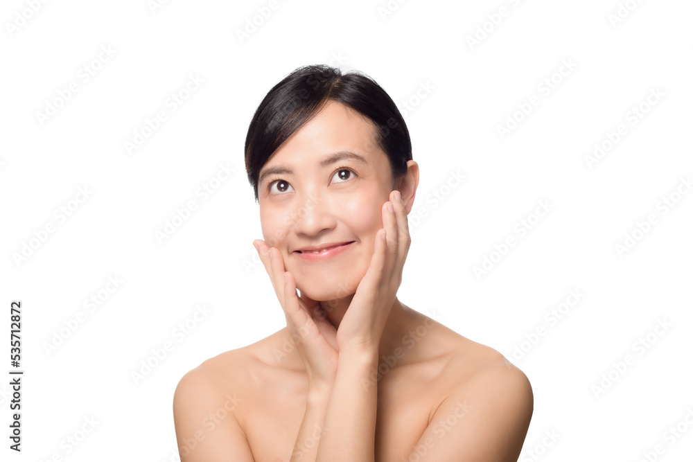 Portrait healthy pretty young woman isolated on white background. beautiful female model person applying cosmetic cream for skincare on fresh makeup clean face. spa, treatment, wellness concept. Portrait healthy pretty young woman isolated on white background. beautiful female model person applying cosmetic cream for skincare on fresh makeup clean face. spa, treatment, wellness concept.